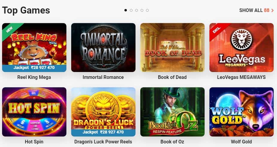 Screenshot of the top featured casino games at LeoVegas