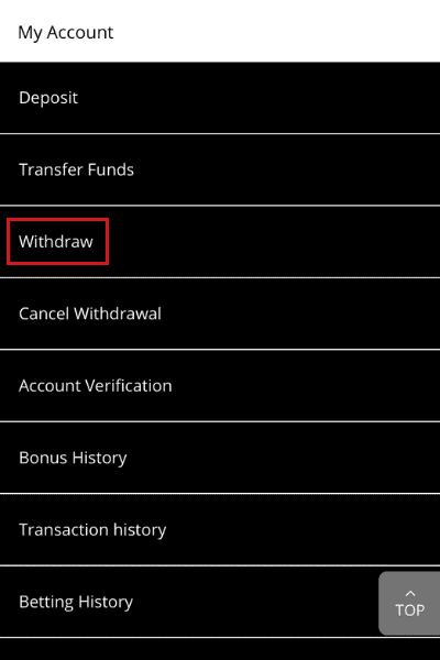 Screenshot of the second step to withdrawing at 10CRIC