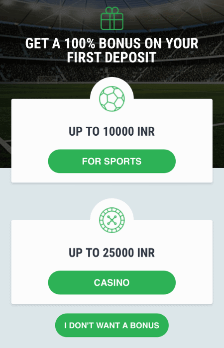 screenshot of the bonus options available when signing up at 22Bet
