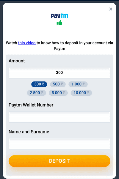 Screenshot of depositing with Paytm at MostBet