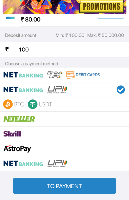 Screenshot of the second step to depositing at Indibet