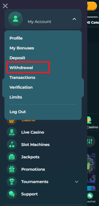 Screenshot of the third step to withdraw at RokuBet