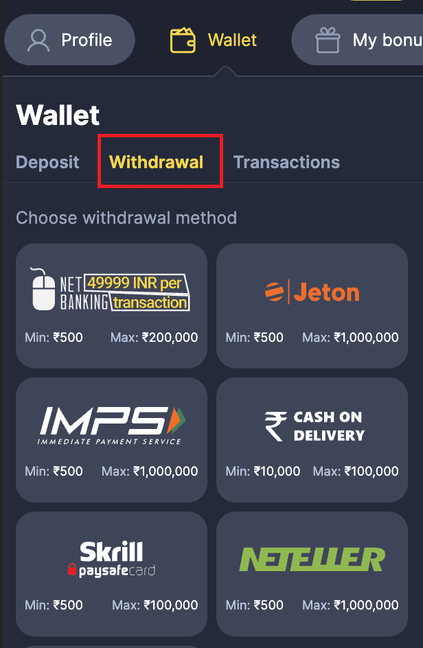 Screenshot of the third step to withdraw at Bettilt